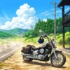 夏の田舎道沿いで休憩するライダーとオートバイ