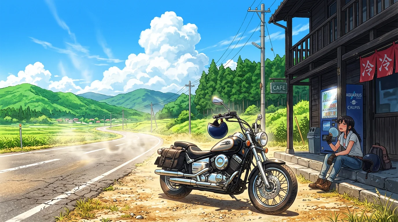 夏の田舎道沿いで休憩するライダーとオートバイ