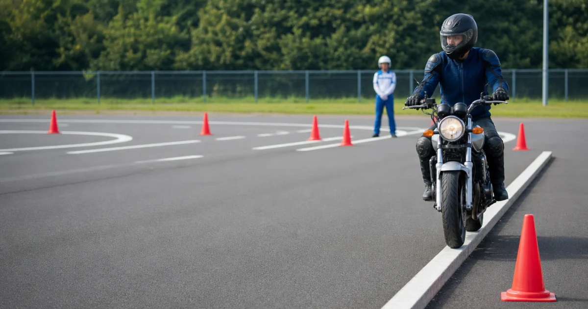 自動車教習所の一本橋を低速で走行する初心者ライダーと見守る指導員