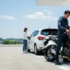 ガソリンスタンドで給油するバイクとコンパクトカーのイメージ