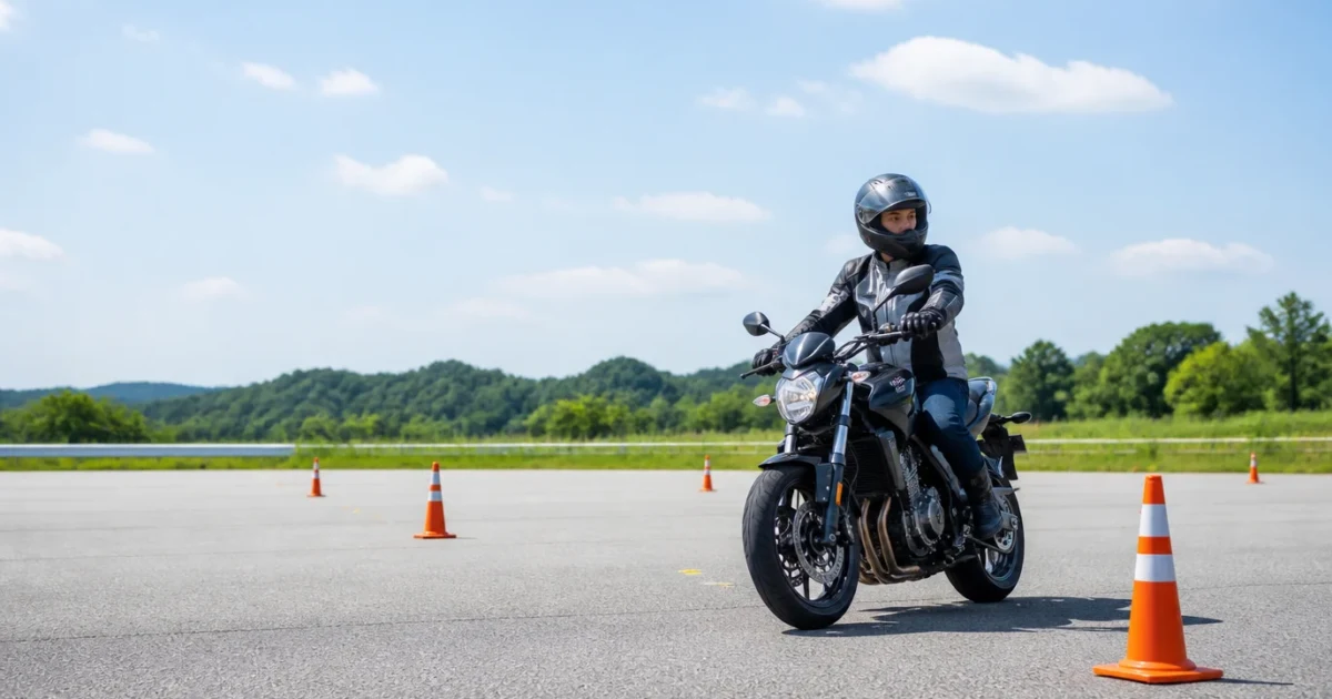 管理された舗装コースでパイロンの間を低速走行するライダー