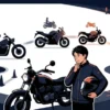 複数の排気量・タイプのバイクと、ヘルメットを手に自分のバイクを見つめるライダーのイラスト
