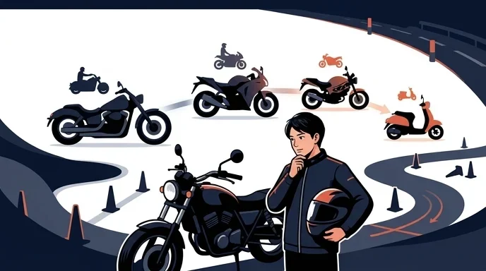 複数の排気量・タイプのバイクと、ヘルメットを手に自分のバイクを見つめるライダーのイラスト