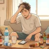 真夏の室内で暑さに疲れ、水分補給を考えるライダーを描いたイラスト