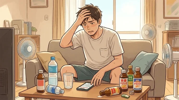 真夏の室内で暑さに疲れ、水分補給を考えるライダーを描いたイラスト